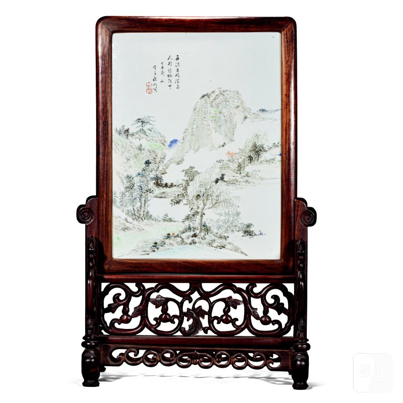 清光绪 程门浅绛彩江村幽居图瓷板插屏